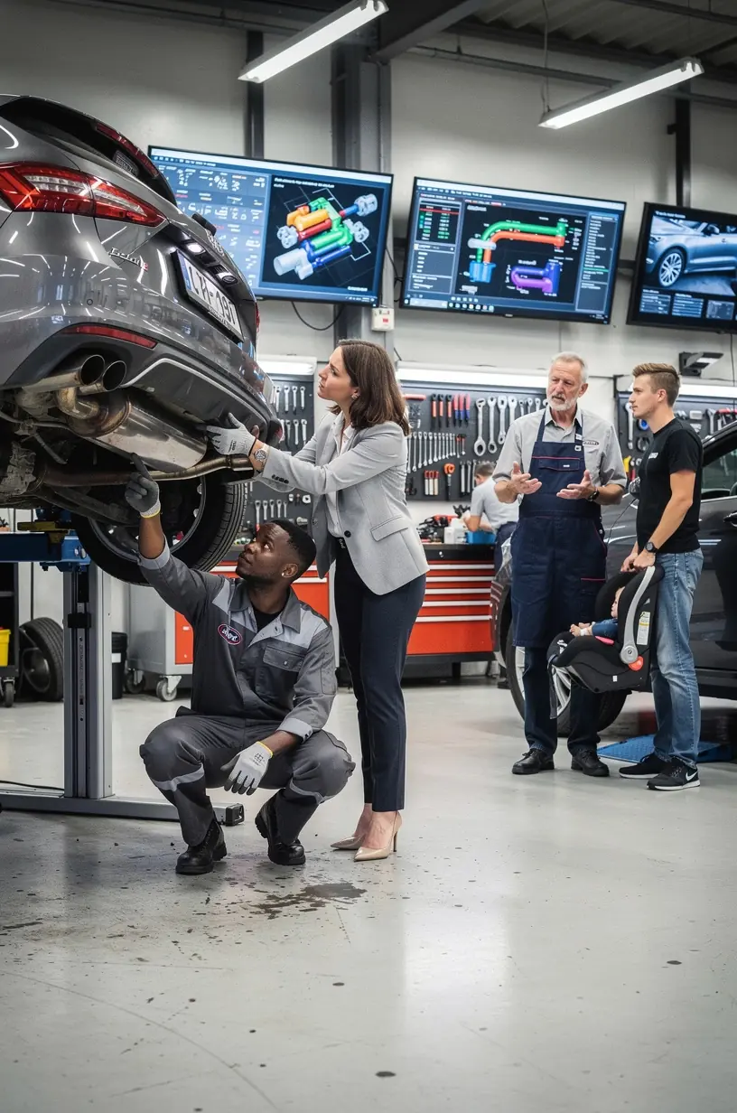 Techniker überprüft präzise Katalysator und Schalldämpfer eines Fahrzeugs in einer spezialisierten deutschen Reparaturwerkstatt.